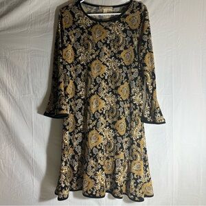 Michael Kors Black and Gold Paisley Long Sleeve Dress